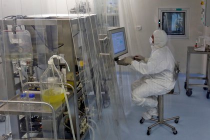 Un operario en un laboratorio en La Habana trabaja en la elaboración de los candidatos vacunales cubanos el 15 de febrero de 2021 (EFE/Ernesto Mastrascusa)