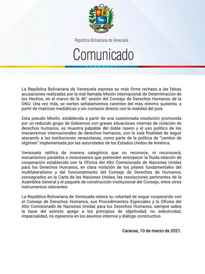 El comunicado de la cancillería de la dictadura venezolana